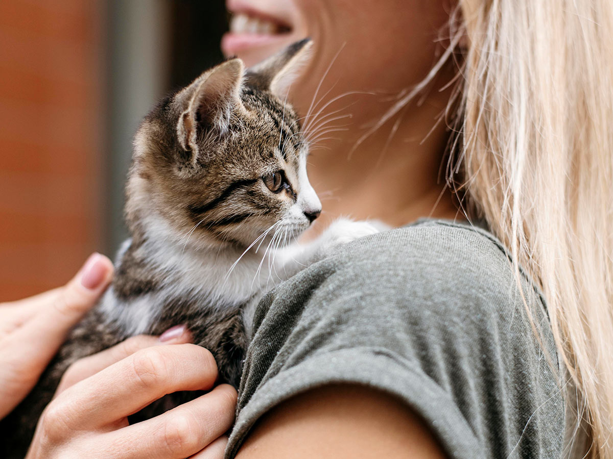smiling-woman-holding-a-brown-and-white-kitten-outside-in-front-of-a-building-1200x900-1 closeup of smiling woman holding a brown and white kitten outside of a building