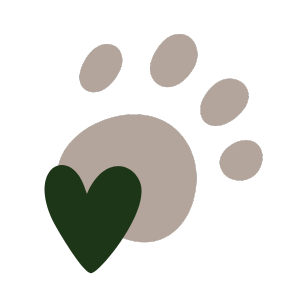 doodle-style icon of a light brown paw print with a dark green heart shape in front of it
